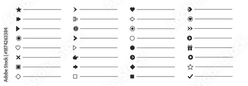 Bullet list icon vector set with arrows check marks circles and dots for UI menus web and mobile interface infographic and presentation on transparent background