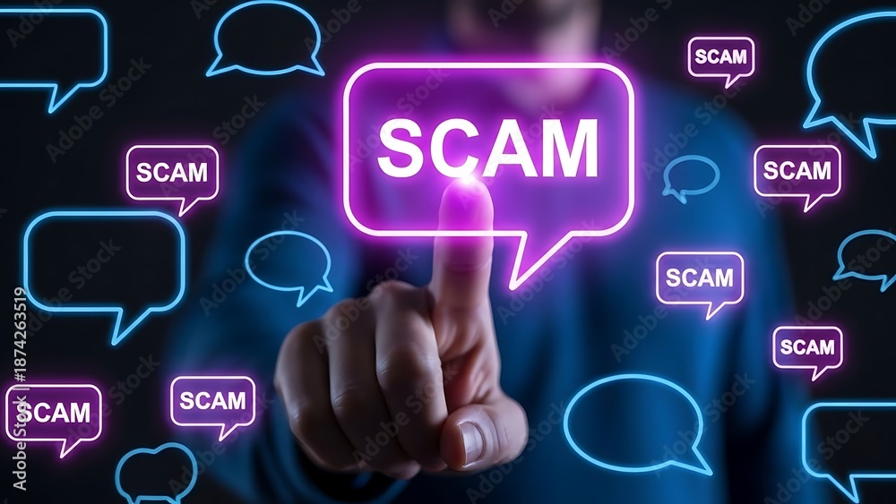 Fototapeta premium Digital Scam Concept With Speech Bubbles And Finger Press