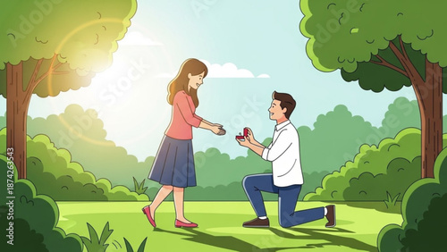 Man proposing to woman with engagement ring in a park romantic outdoor proposal scene illustration for love and marriage concepts