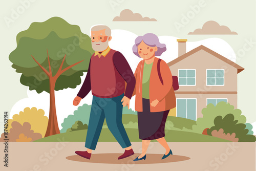 Senior Citizens Walking in Nature, Flat Vector Graphic of an Aged Couple Enjoying Fresh Air and Physical Activity After Retirement