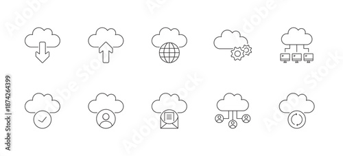 A collection of cloud services icons with editable borders. Cloud storage, sync, backup, security, network, and data icons for IT systems, SaaS platforms, dashboards, and UI design.