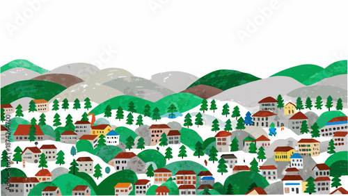 A colorful illustration of a village nestled among snowy mountains and evergreen trees