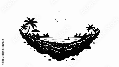 Tropical island paradise with palm trees and serene ocean views under a bright sun