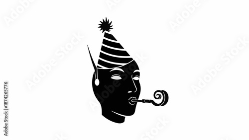 Head wearing a party hat blows a noisemaker, celebrating with a fun and festive mood