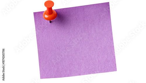 Purple square sticky note pinned with an orange pushpin against a solid black background