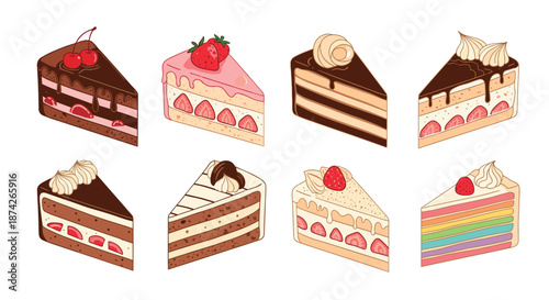 Assorted collection of cake slices with different toppings like strawberries, cherries, and rainbow layers for bakery menu illustrations.