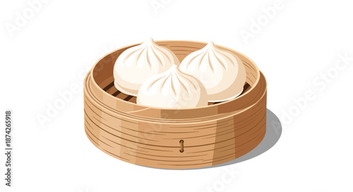 Three steamed buns or dumplings served in a traditional bamboo steamer basket, authentic asian cuisine illustration for restaurant menus.