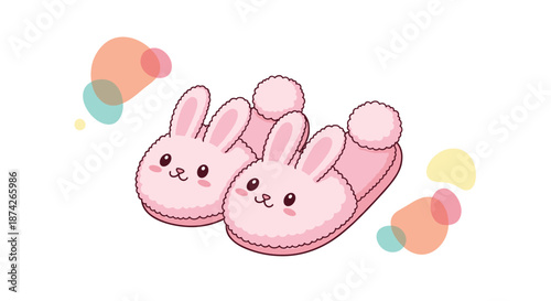 Pair of soft pink bunny slippers with long ears and fluffy pom-pom tails against a light background with colorful shapes.