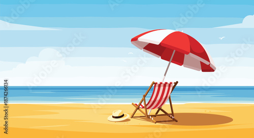 Beautiful beach vacation scene with a red and white striped umbrella, a lounge chair, and a straw hat on golden sand by the blue ocean.