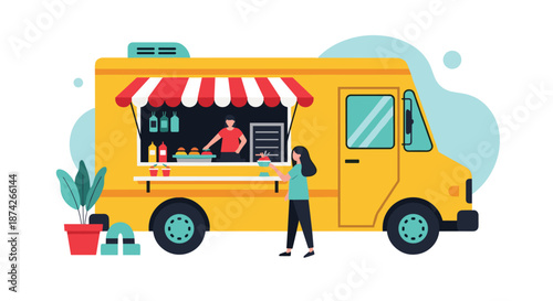 Bright yellow food truck serving customers on a street with a vendor inside, modern street food concept illustration in flat vector style.
