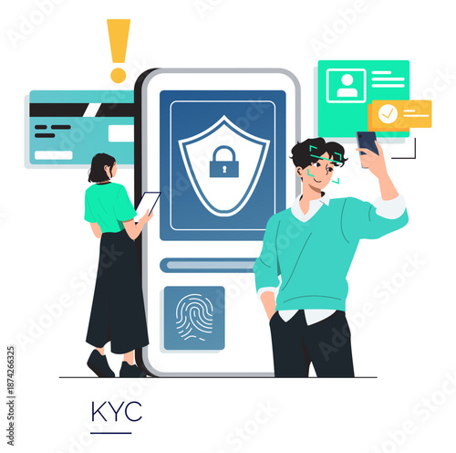 KYC Process Vector Illustration with Biometric Verification
