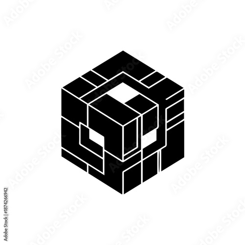 A black and white illustration featuring an abstract geometric design of interlocking cubes. The design is symmetrical and creates a sense of depth and complexity.