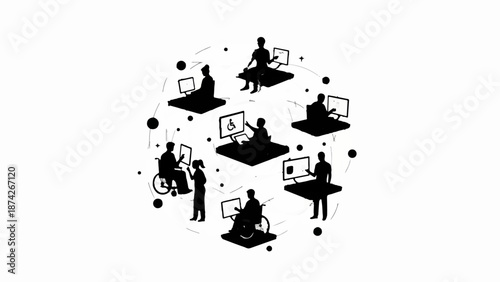 Diverse individuals collaborate and connect digitally, promoting inclusion and accessibility in a modern world.