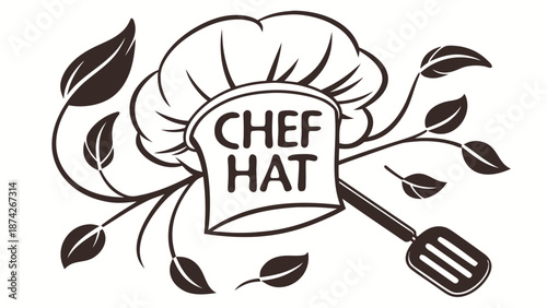 Illustration of chef hat and utensils with leaves