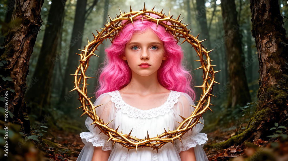 Obraz premium Surreal Pink-Haired Girl in White Lace Dress Crowned with Golden Thorns Amid Enchanted Forest