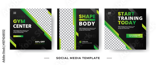 Green Fitness Gym Social Media Post Template Set with Photo Placeholder, Modern Promotion Design