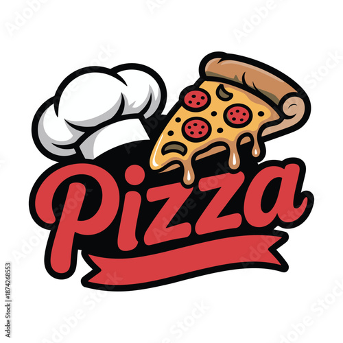 Cartoon chef hat and melted cheese pizza slice logo design