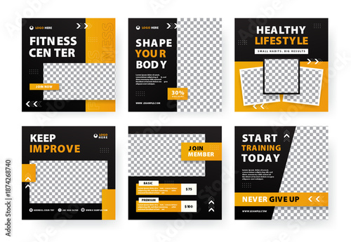 Fitness Gym Social Media Post Template Set with Photo Placeholder, Modern Black Yellow Social Media Promotion Design
