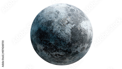 A realistic rendering of a cold, textured celestial body, isolated on a black background