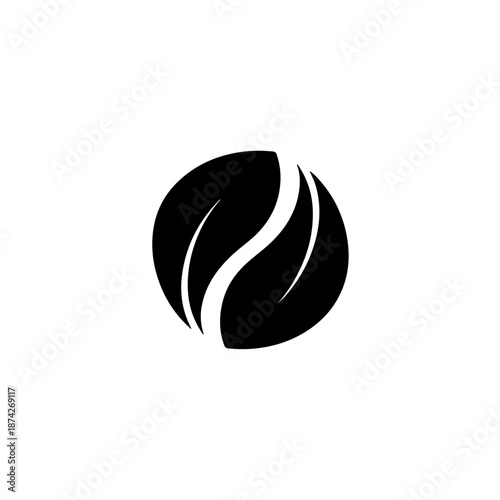 A minimalist black and white graphic featuring two symmetrical, wavy shapes intersecting within a circular boundary.