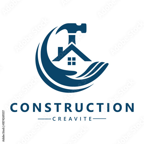 Construction company logo with hand holding house and hammer icon