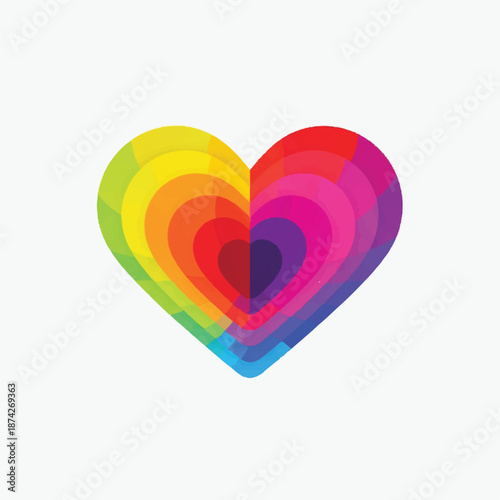 Colorful heart shape radiating vibrant hues against a clean white canvas, symbolizing love, diversity, and inclusivity with a modern and cheerful aesthetic.
