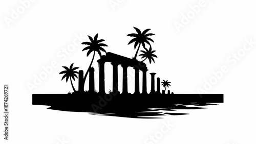 Ancient ruins silhouetted against a tropical sunset with palm trees and reflections