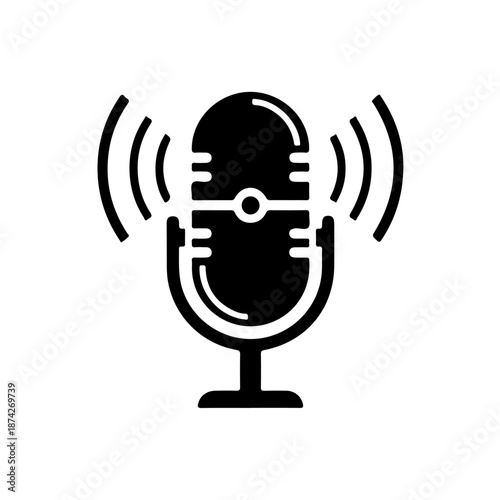 A black and white illustration of a microphone with sound waves emanating from it, symbolizing audio or communication.