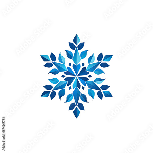 Digitally created, six-pointed, multifaceted blue snowflake against black