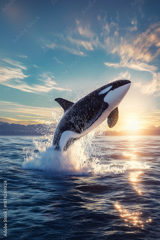Fototapeta premium Orca breaching at sunset with splashing water, ocean surface, distant coastline, dramatic sky and warm golden light