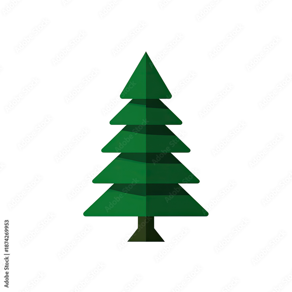 Fototapeta premium Simplified graphic of a green evergreen tree with layered branches, shadow, on black