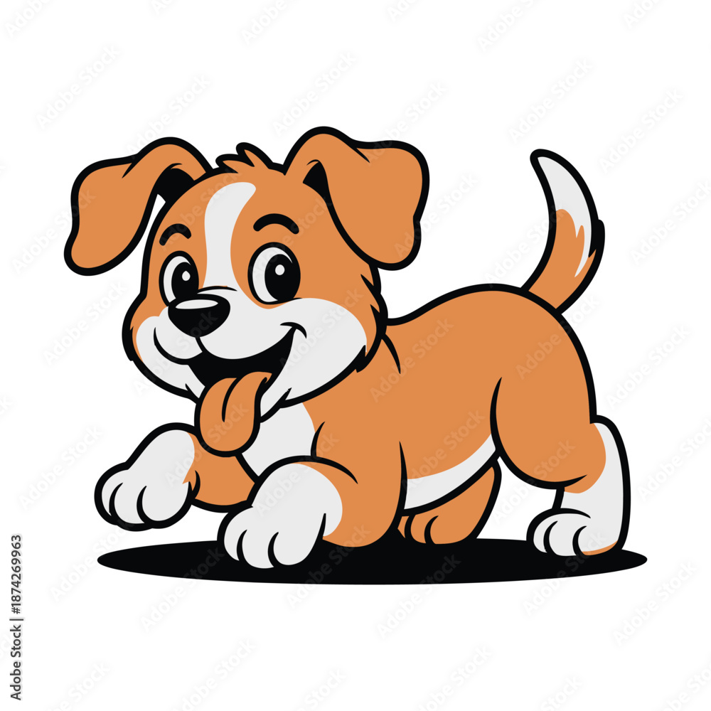 Fototapeta premium Cute cartoon dog with brown and white fur and floppy ears running playfully