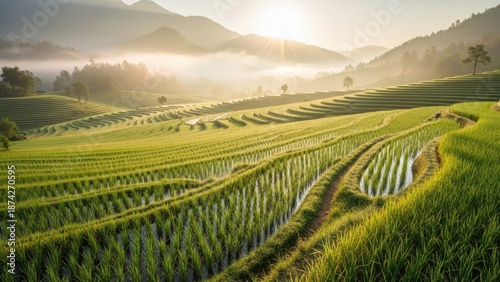 Wallpaper Mural Serene rice terraces at sunrise with misty mountains Torontodigital.ca