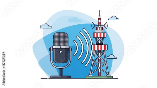 Retro microphone broadcasting sound waves to a radio tower representing audio transmission and communication flat vector illustration for media concepts