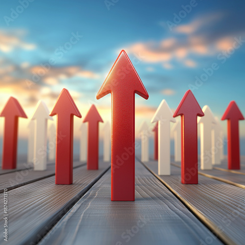 Red arrow leading group of upward arrows on wooden floor at sunrise conveying growth and leadership