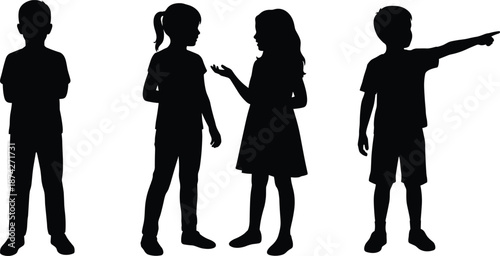 Children silhouettes communicating and pointing, boys and girls showing interaction, curiosity and expressive body language, playful childhood concept isolated on white background