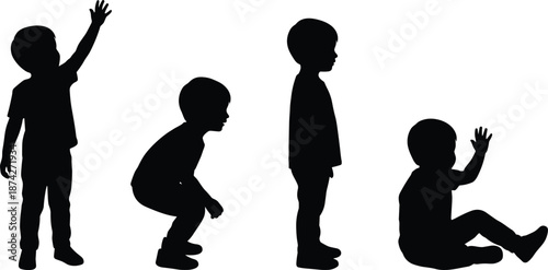 Children silhouettes in playful poses showing raising hand, squatting, standing and sitting, expressive childhood activity concept isolated on white background