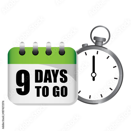 Countdown timer icon. Nine 9 days message. Green calendar symbol. Vector timekeeping illustration.