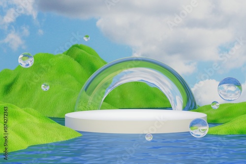 Foto 3D rendering with podium and arch in Y2K retro-future style with glossy Frutiger Aero aesthetics