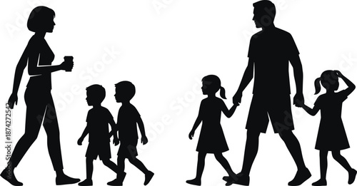 Family silhouettes walking in opposite directions showing parents and children daily life movement, togetherness and modern lifestyle concept isolated on white background