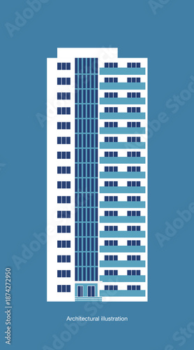 Flat vector illustration of a tall residential building with balconies and windows in a minimalist style on a blue background. Urban architecture, real estate, modern city and residential development.