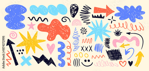 Trendy textured scribble doodle shapes set collage