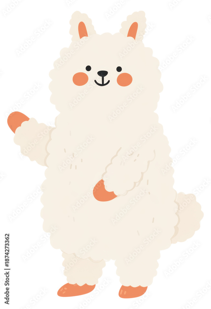 Fototapeta premium Cute fluffy white alpaca cartoon character waving isolated on transparent background.