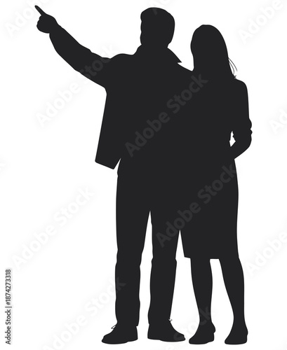 Silhouette of a couple pointing into the distance, two people enjoying scenic view together, romantic or travel concept illustration.