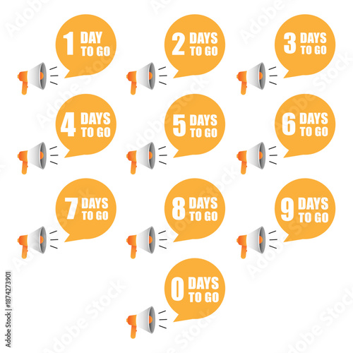 Countdown timer illustration set. Days number labels. Orange vector promotion bubbles. Time left banner collection.