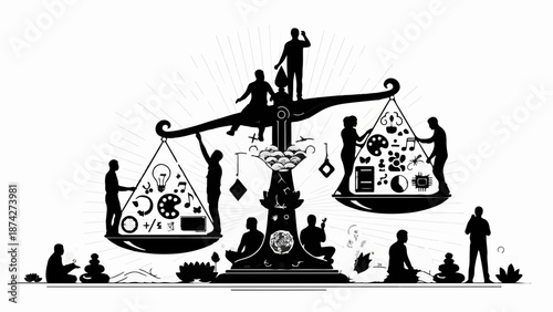 Balancing diverse elements of life and work on scales of justice, symbolizing equilibrium and harmony.