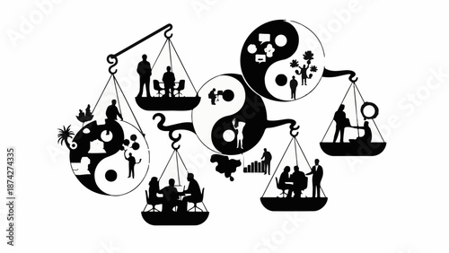 Balancing diverse life elements and work with a symbolic scale and yin yang