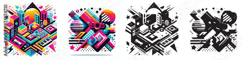 80s retro style vector set illustration and silhouette on white background.