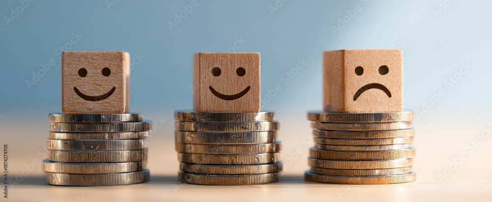 custom made wallpaper toronto digitalThe wooden blocks on coin stacks showing happy and sad financial emotions