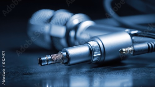 Professional microphone with XLR connection isolated on white, showcasing studio lighting details.